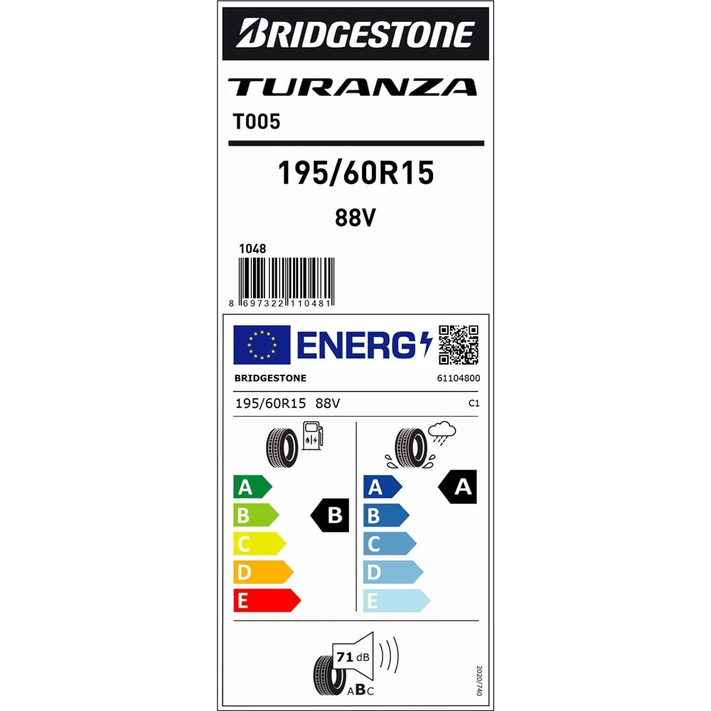 195/60R15 TURANZA T005 88V BS