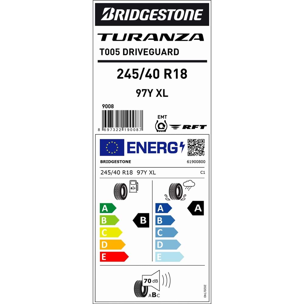 245/40R18 T005 DRIVEGUARD RFT 97Y XL TPMS'li Tüm Binek Araçlar için BS
