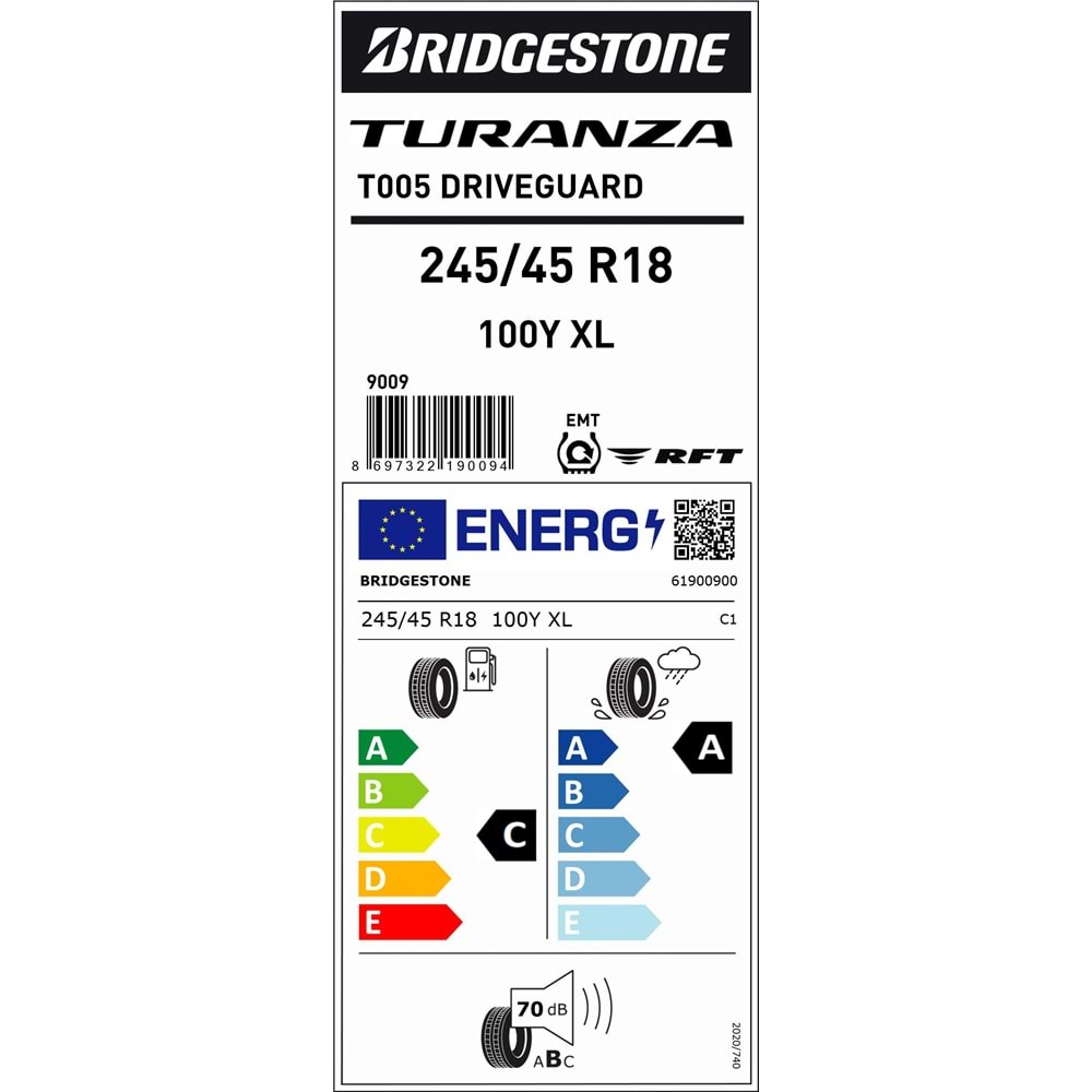 245/45R18 T005 DRIVEGUARD RFT 100Y XL TPMS'li Tüm Binek Araçlar için BS
