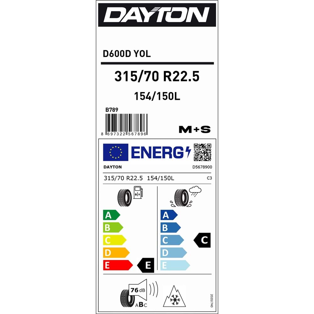 315/70R22.5 D600D YOL154/150L (152/148M) M+S & SFM Çek Tip DT